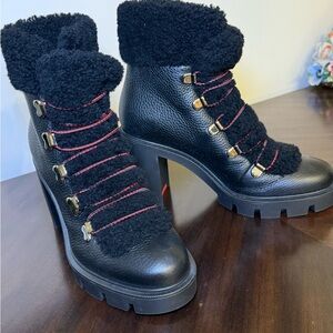 Christian Louboutin Black and Red Ankle Boots with Shearling Trim